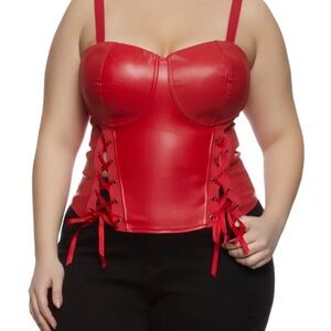 Red Faux Leather Lace-Up Bustier Corset Top